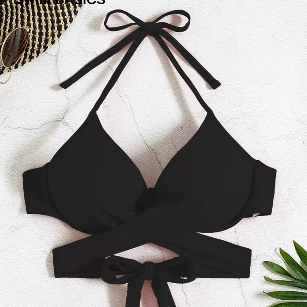 SHEIN Black Classic Tie Push Up Bikini Top